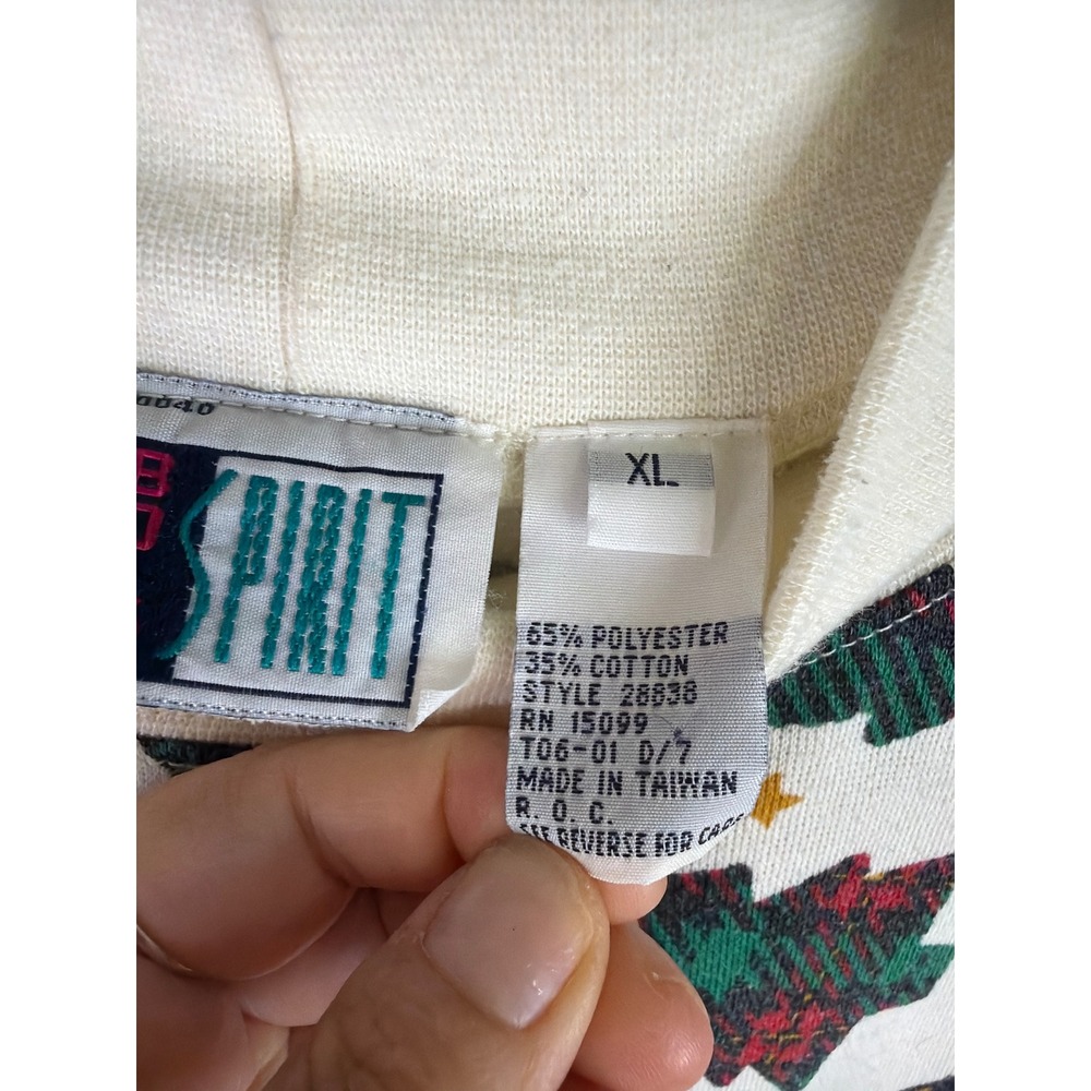 VTG 90s Bold Spirit Christmas Tree Sweatshirt Womens XL Cream Plaid Mock Neck - Picture 3 of 6
